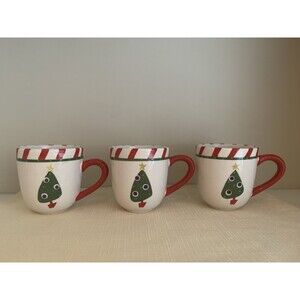 Pier 1 Coffee Mugs Lot of 3 Christmas Tree Red Striped Rim Handpainted Ironstone
